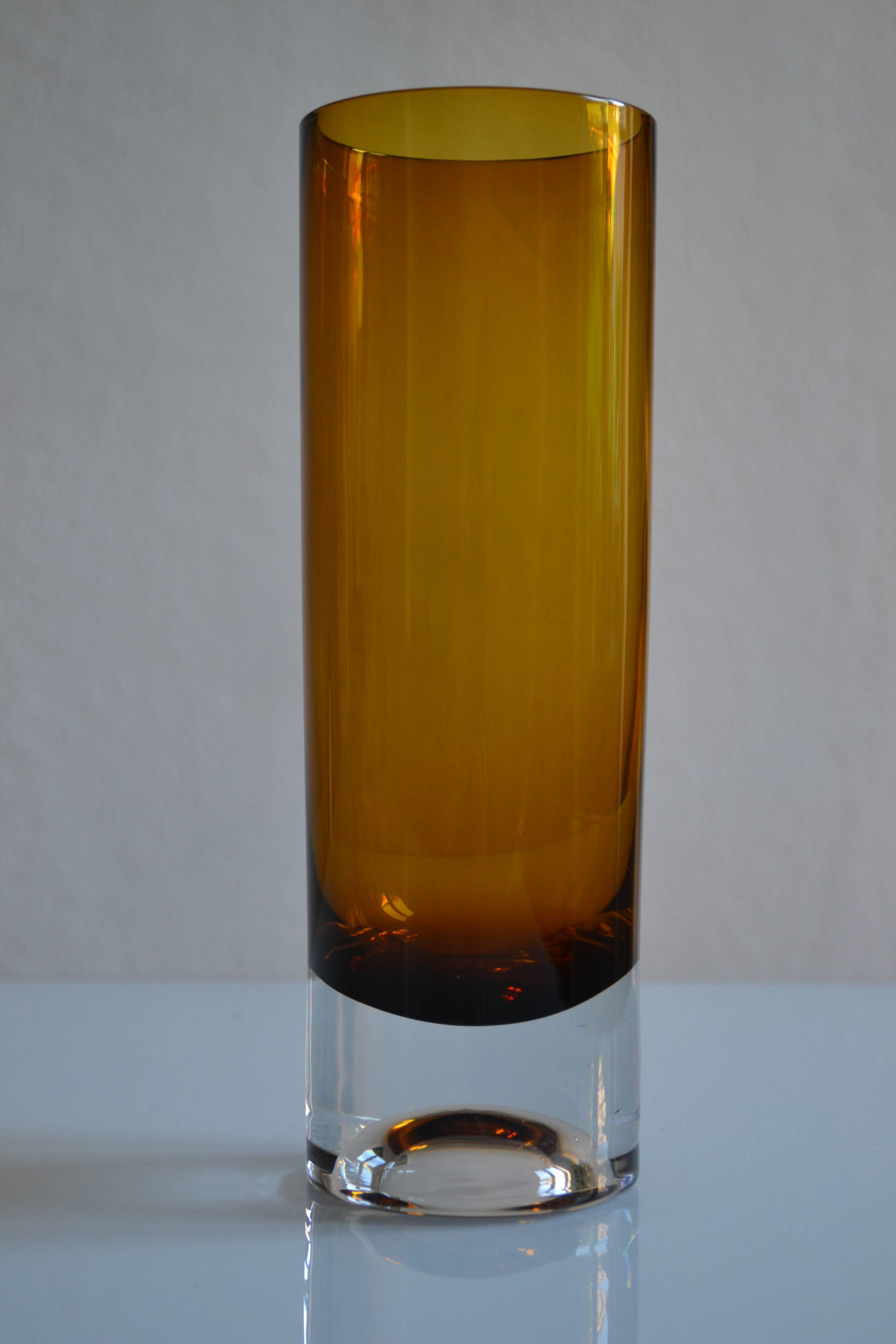 Vintage 70s 1970s roll vase, two-tone amber blown glass