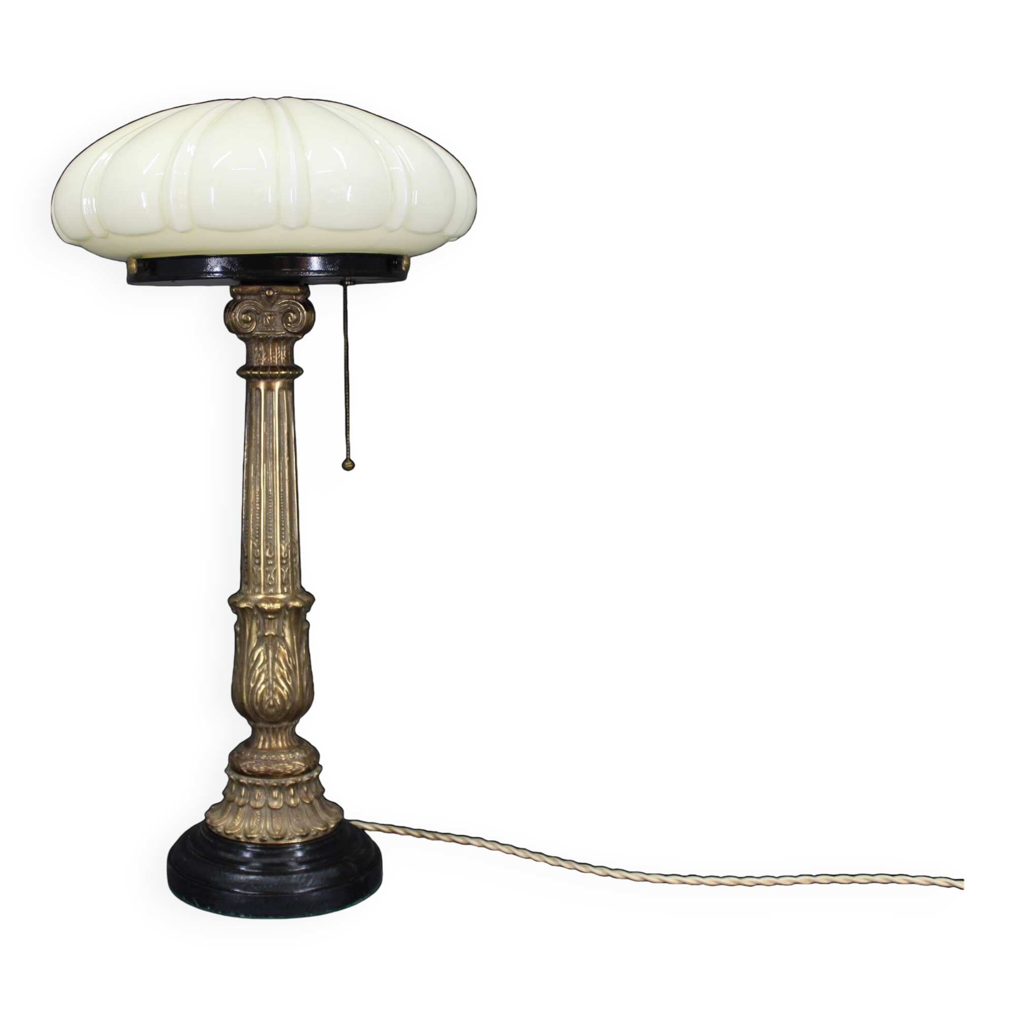 1940s restored brass table lamp with wooden base and glass shade