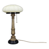 1940s restored brass table lamp with wooden base and glass shade