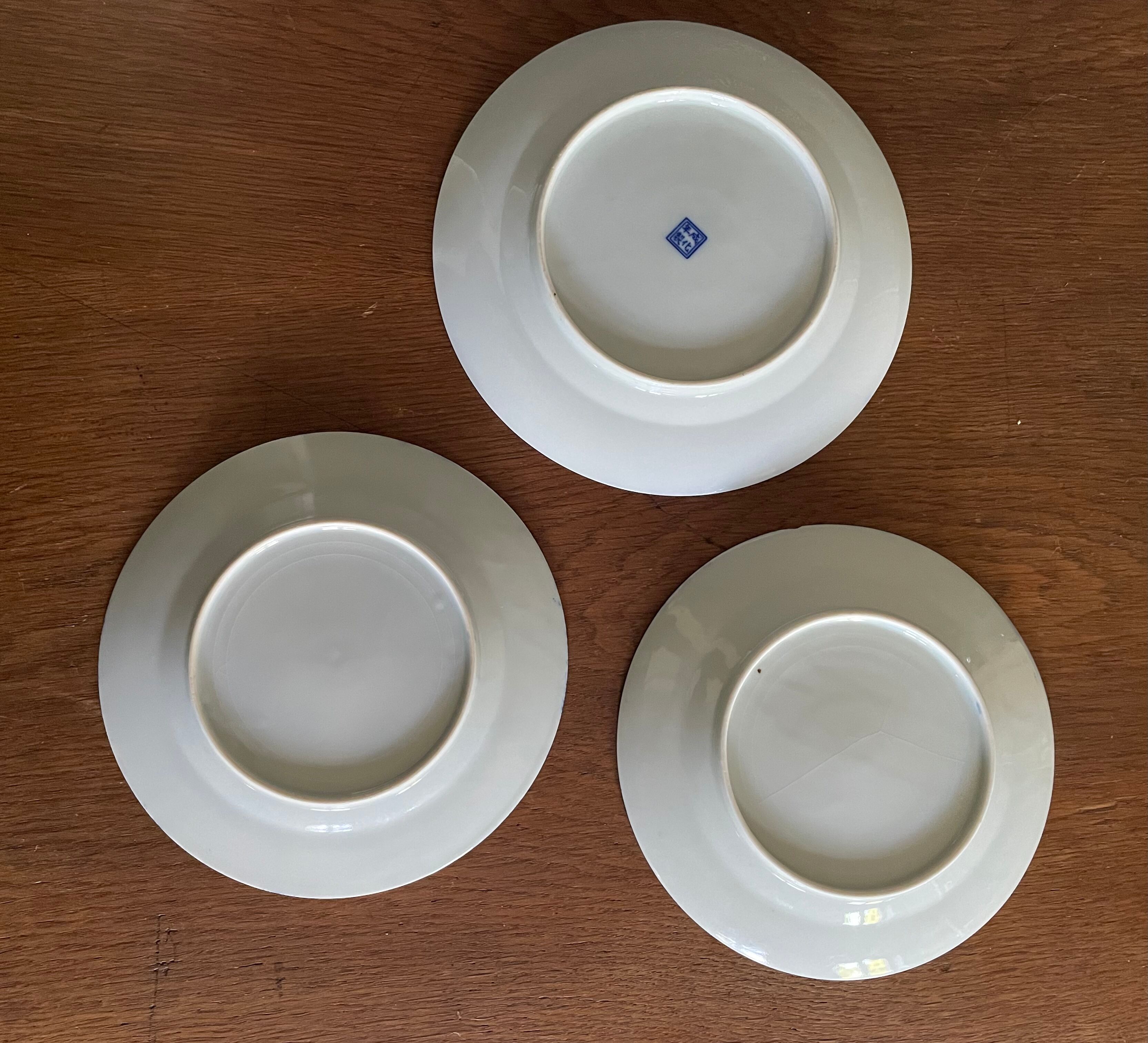 Asian porcelain plates decorated with blue dragons