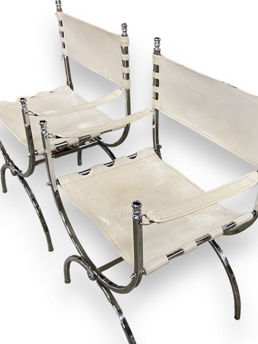 Maison Jansen Set of 4 armchairs Emperor Savonarola White leather and chromed metal