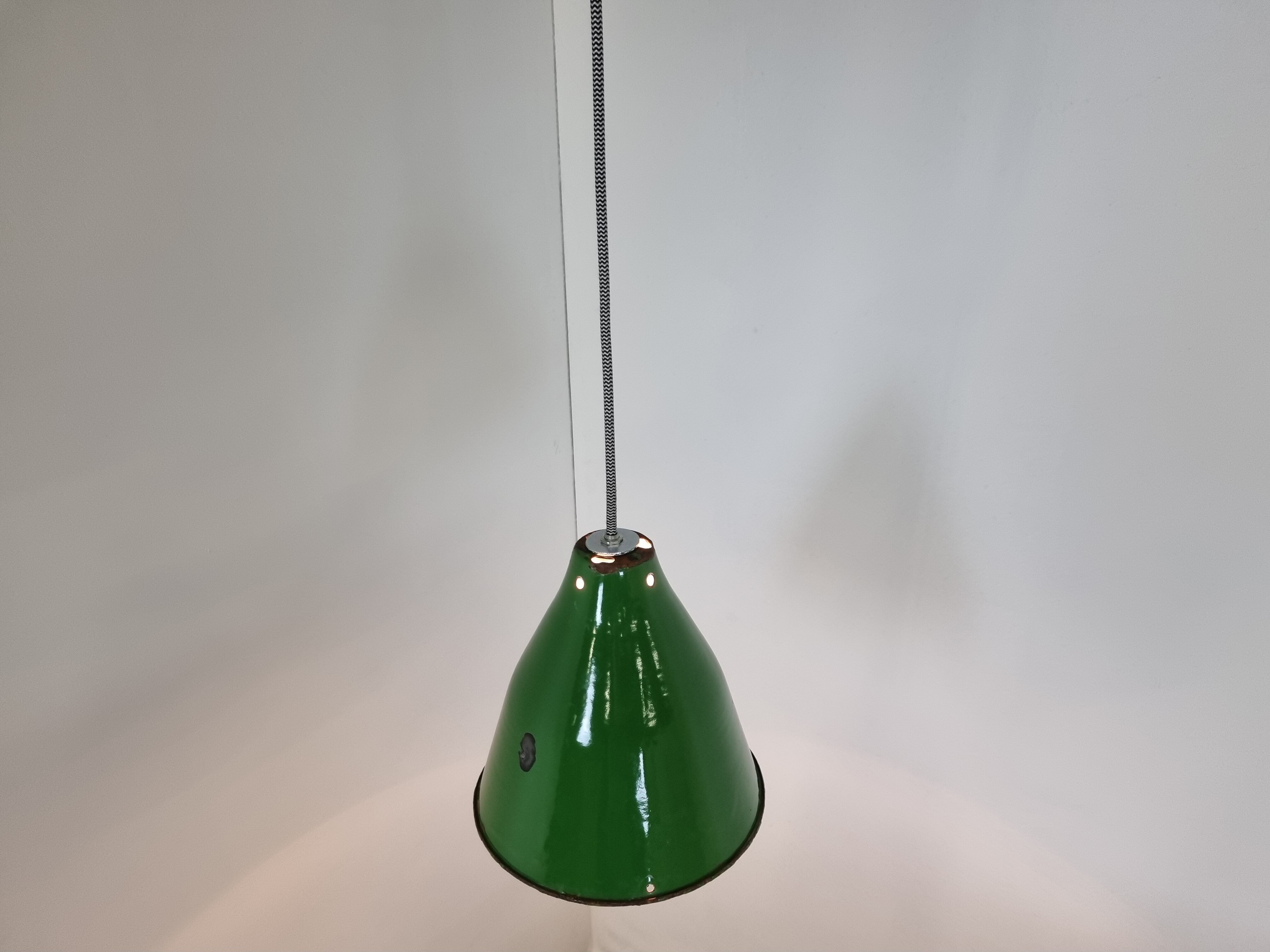 Small vintage industrial green enamel pendant lights, 1960s