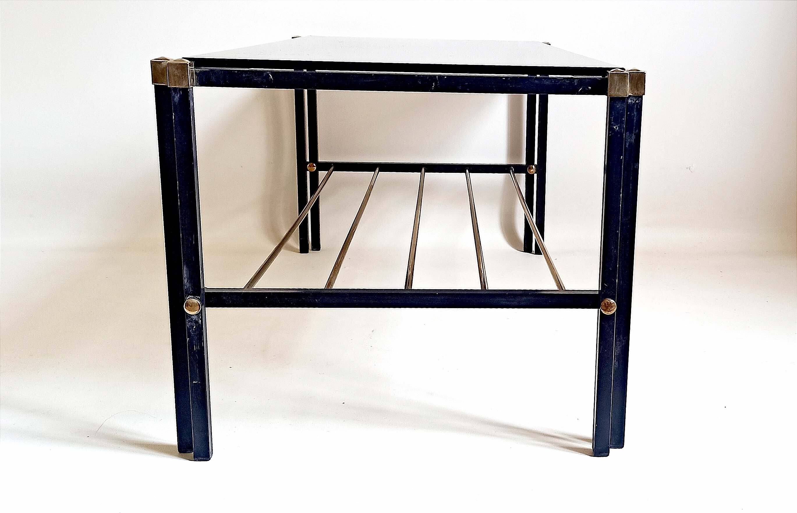 Magazine holder coffee table 1960s smoked glass, metal and brass Width 94.2 cm