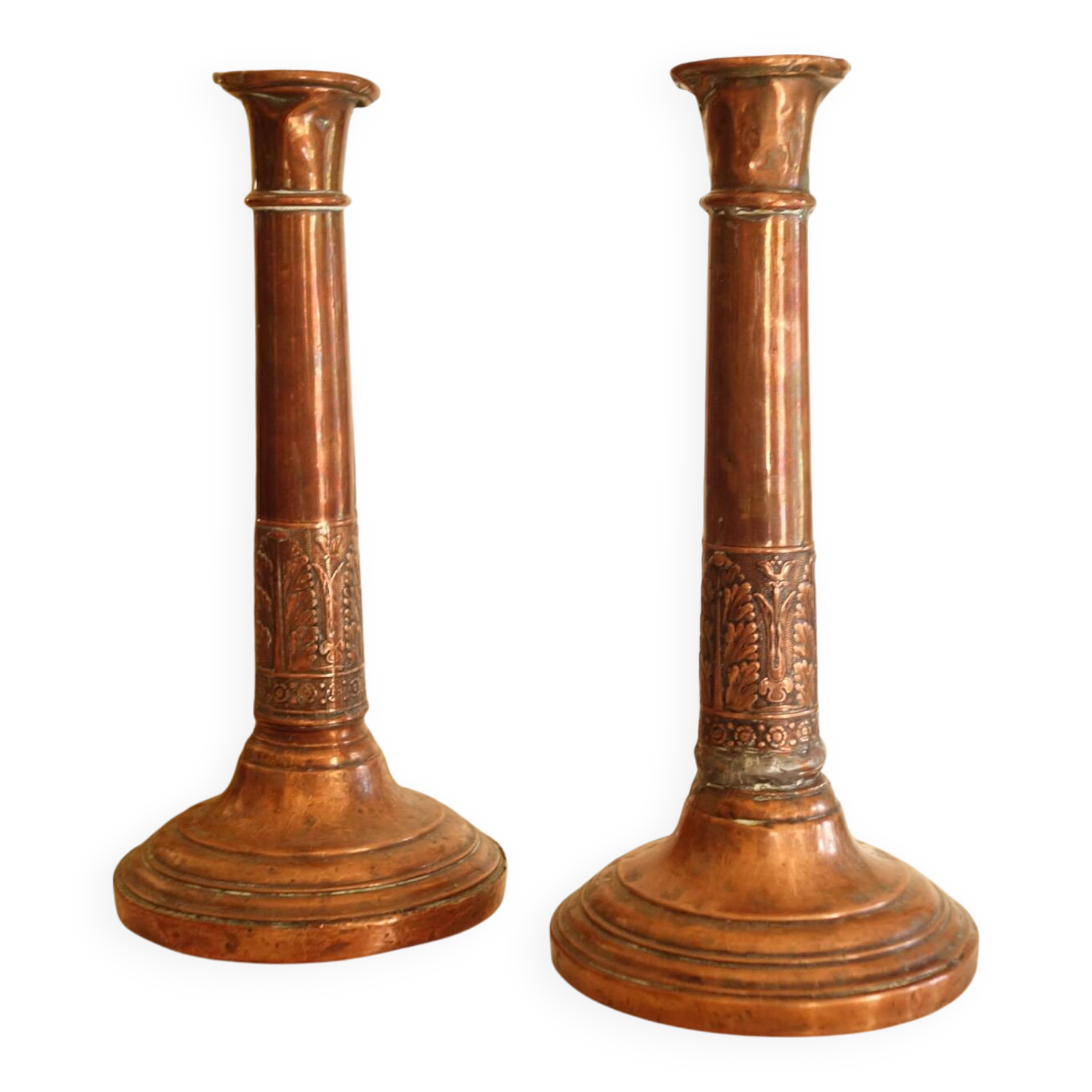 Pair of antique copper candlesticks