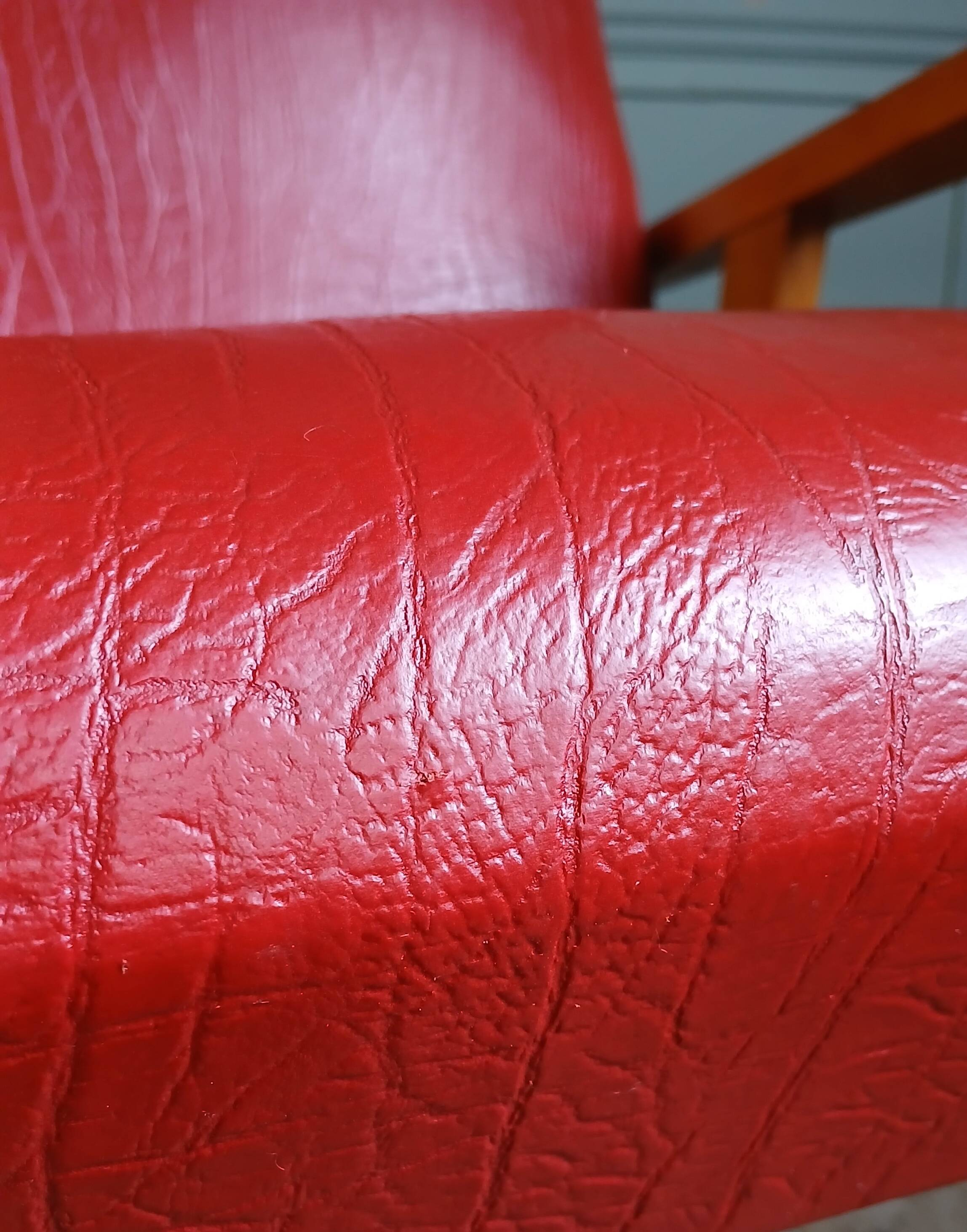 Compass leg armchair in solid beech & red crocodile-effect faux leather