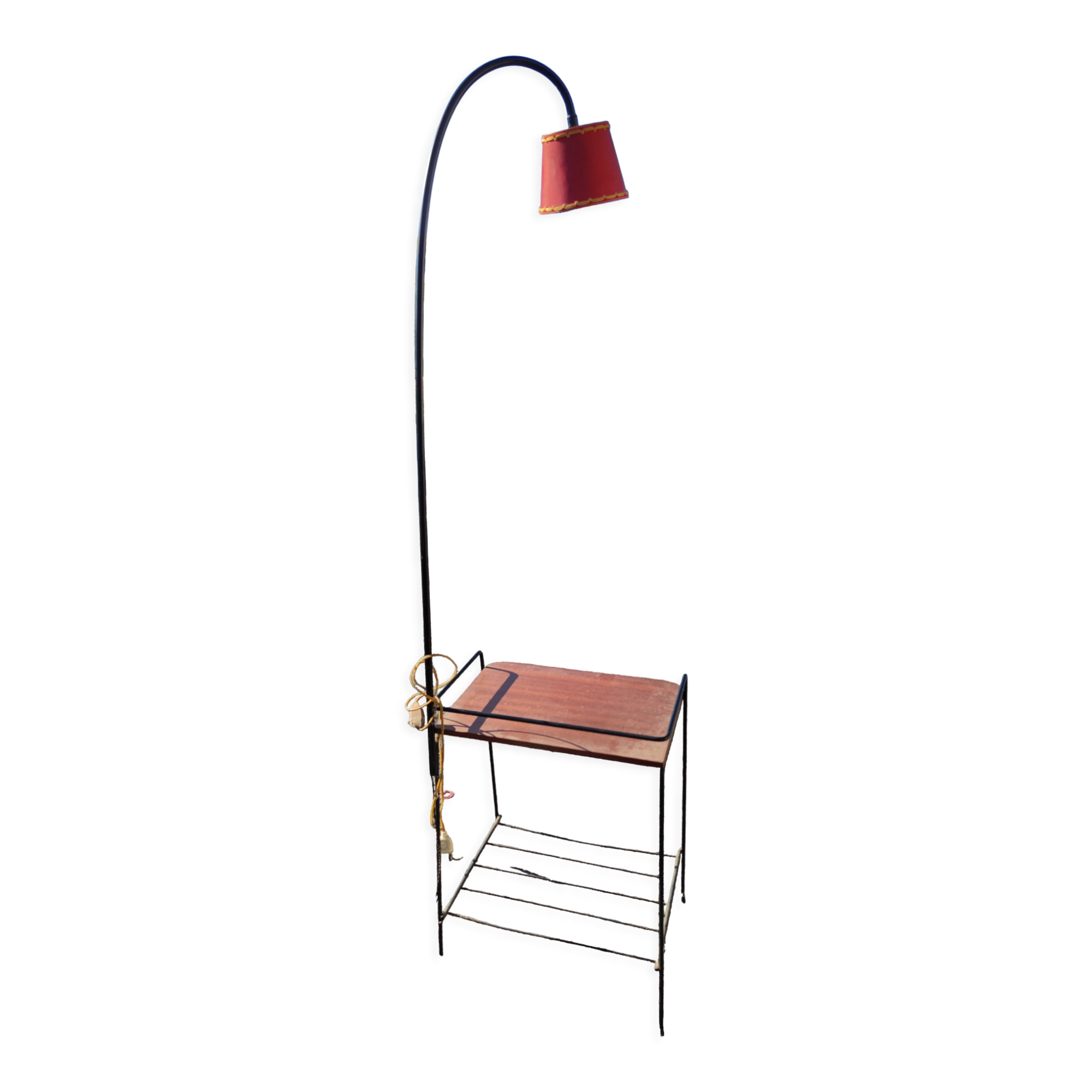 Wrought iron and mahogany floor lamp, circa 1950