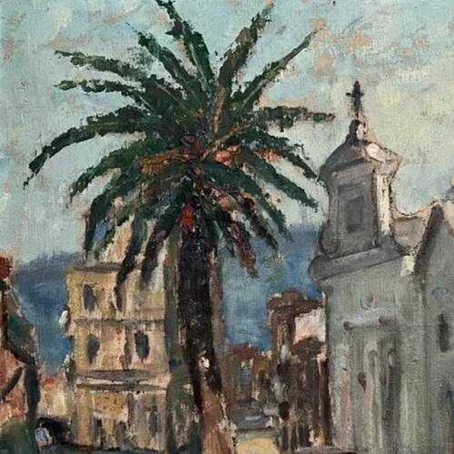 Paysage maritime, vue sur la ville, bâtiment, église, arbre - peinture