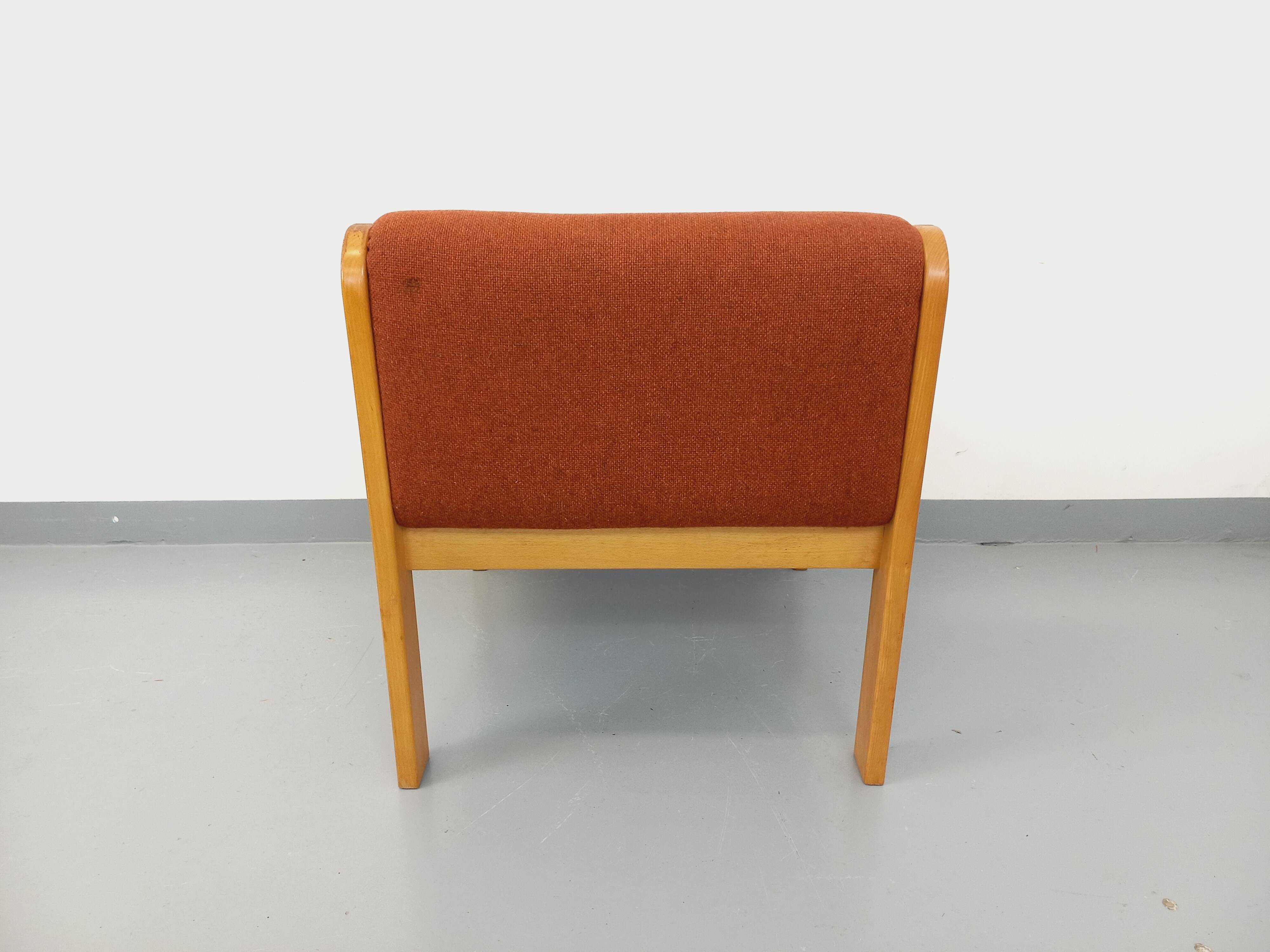 Vintage Fröscher armchair in orange fabric and wood from the 70s 80s