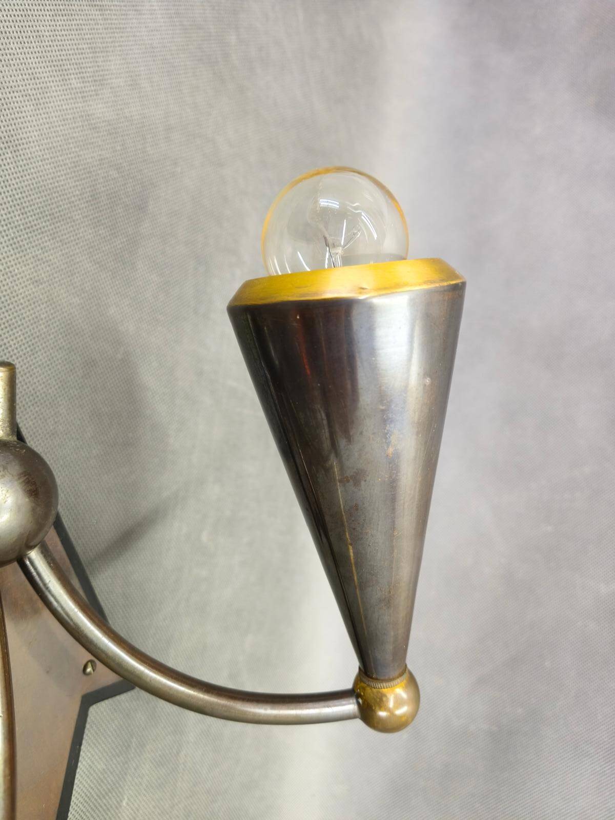 Czech Cubist Art Deco Wall Lamp, Metal and Wood, 1930s