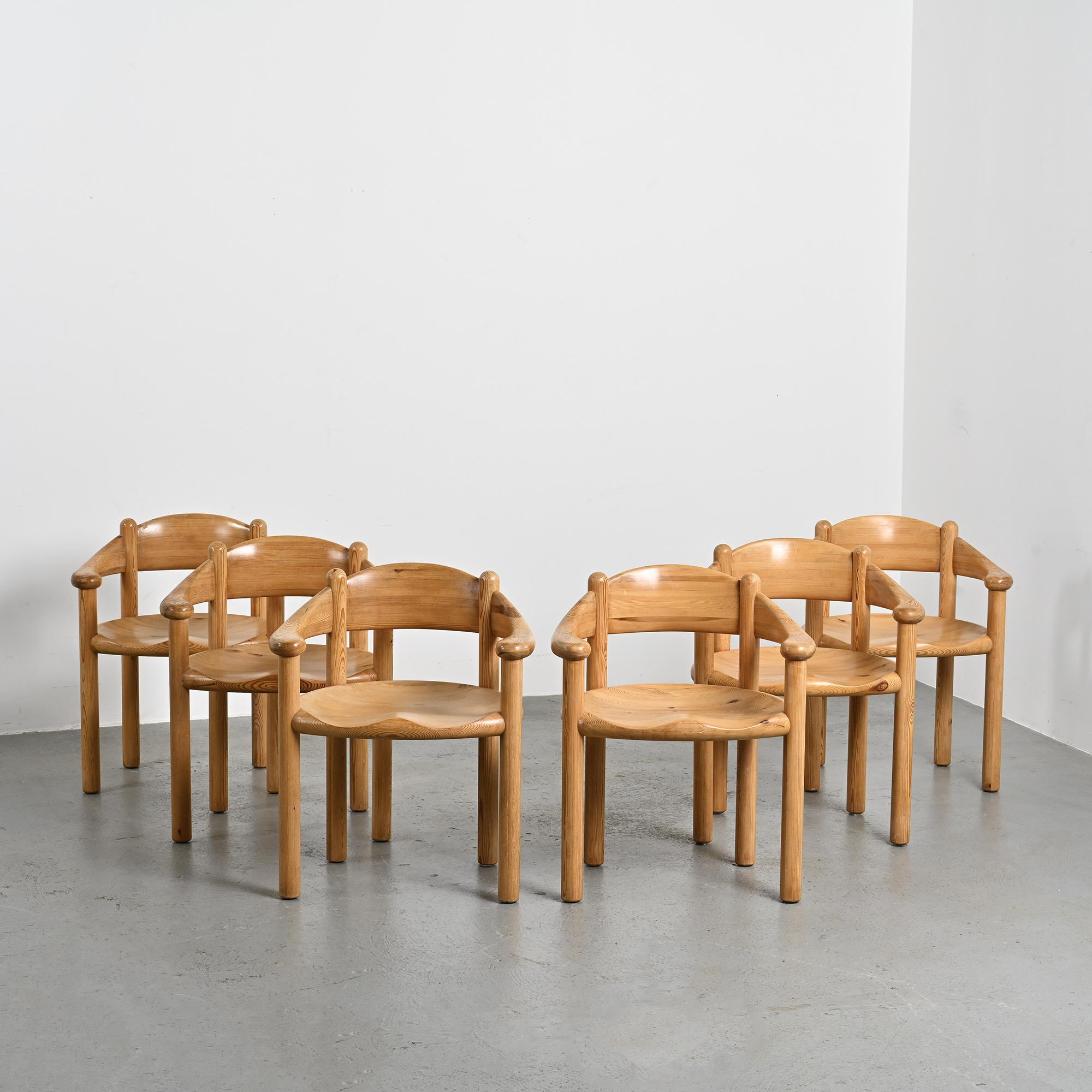 Set of 6 solid pine chairs by Rainer Daumiller, Denmark, circa 1970.