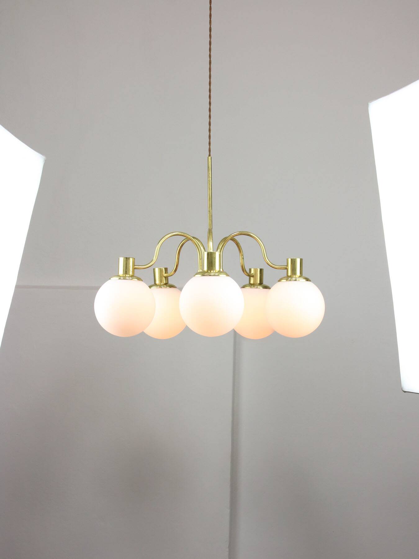 Italian Mid century Modern Chandelier in Brass and Opaline Glass, 1960s