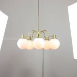 Italian Mid century Modern Chandelier in Brass and Opaline Glass, 1960s