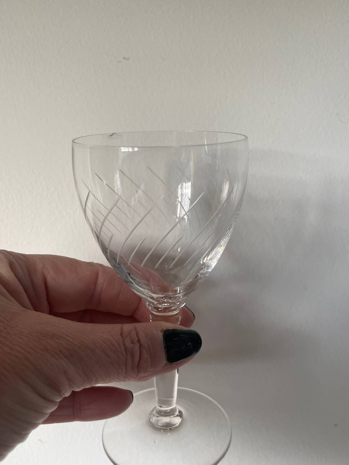 6 crystal engraved white wine glasses with stems