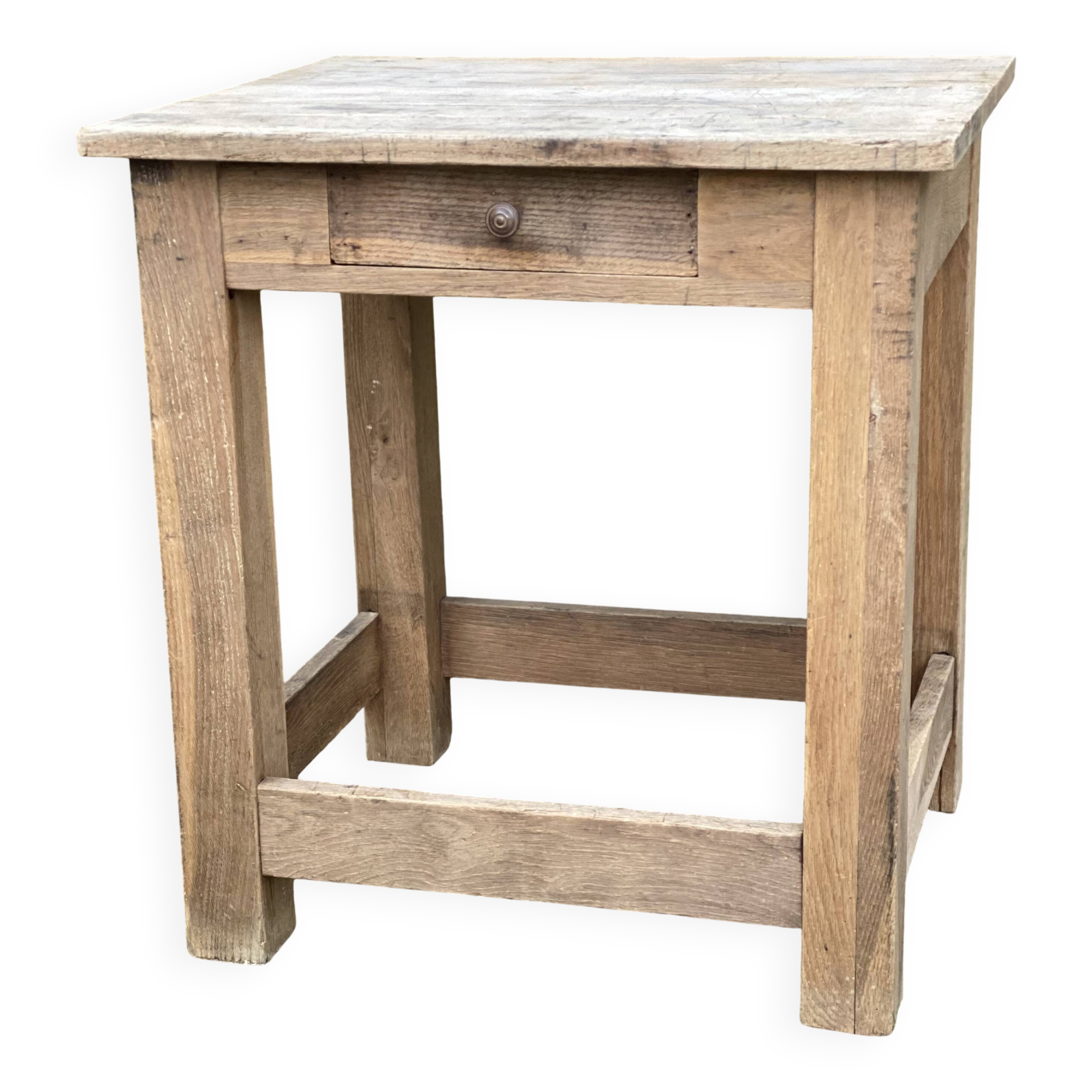 Brutalist table with 1 drawer, stripped oak.