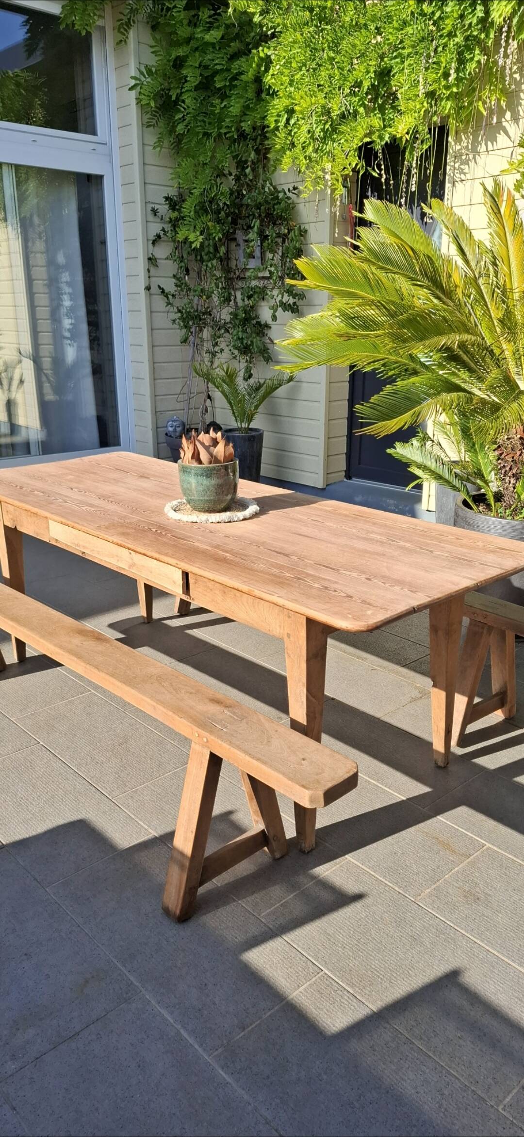 Farmhouse table with its 2 renovated benches