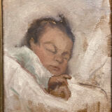 Tableau ancien, portrait bébé endormi, art nouveau