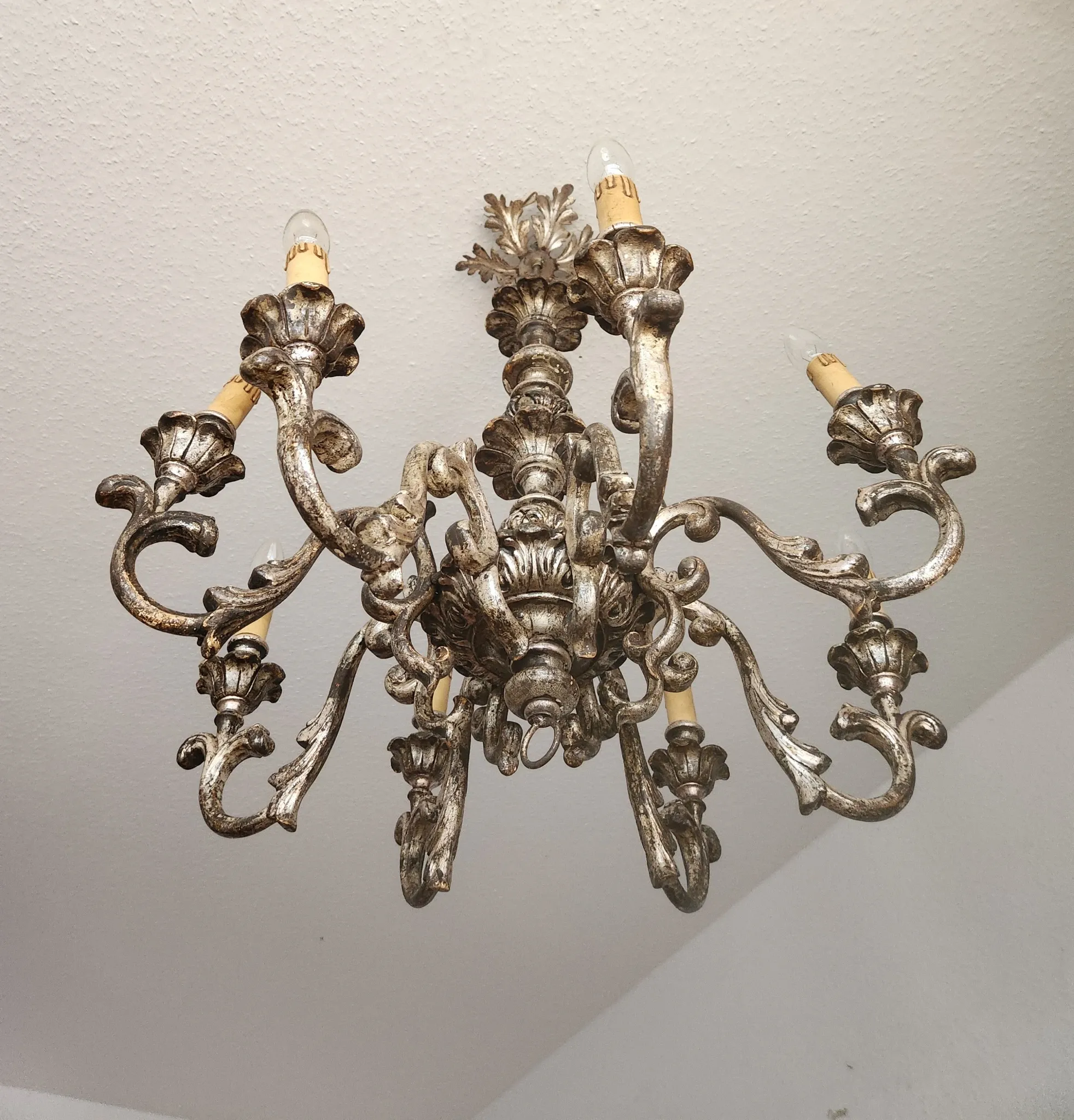 Xl Large Vintage Regency Mid Century Louis XV Baroque Rococo Hand Painted Carved Wood 8 Light Chandelier Floral, Italy, Florence 1920 1950