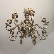 Xl Large Vintage Regency Mid Century Louis XV Baroque Rococo Hand Painted Carved Wood 8 Light Chandelier Floral, Italy, Florence 1920 1950