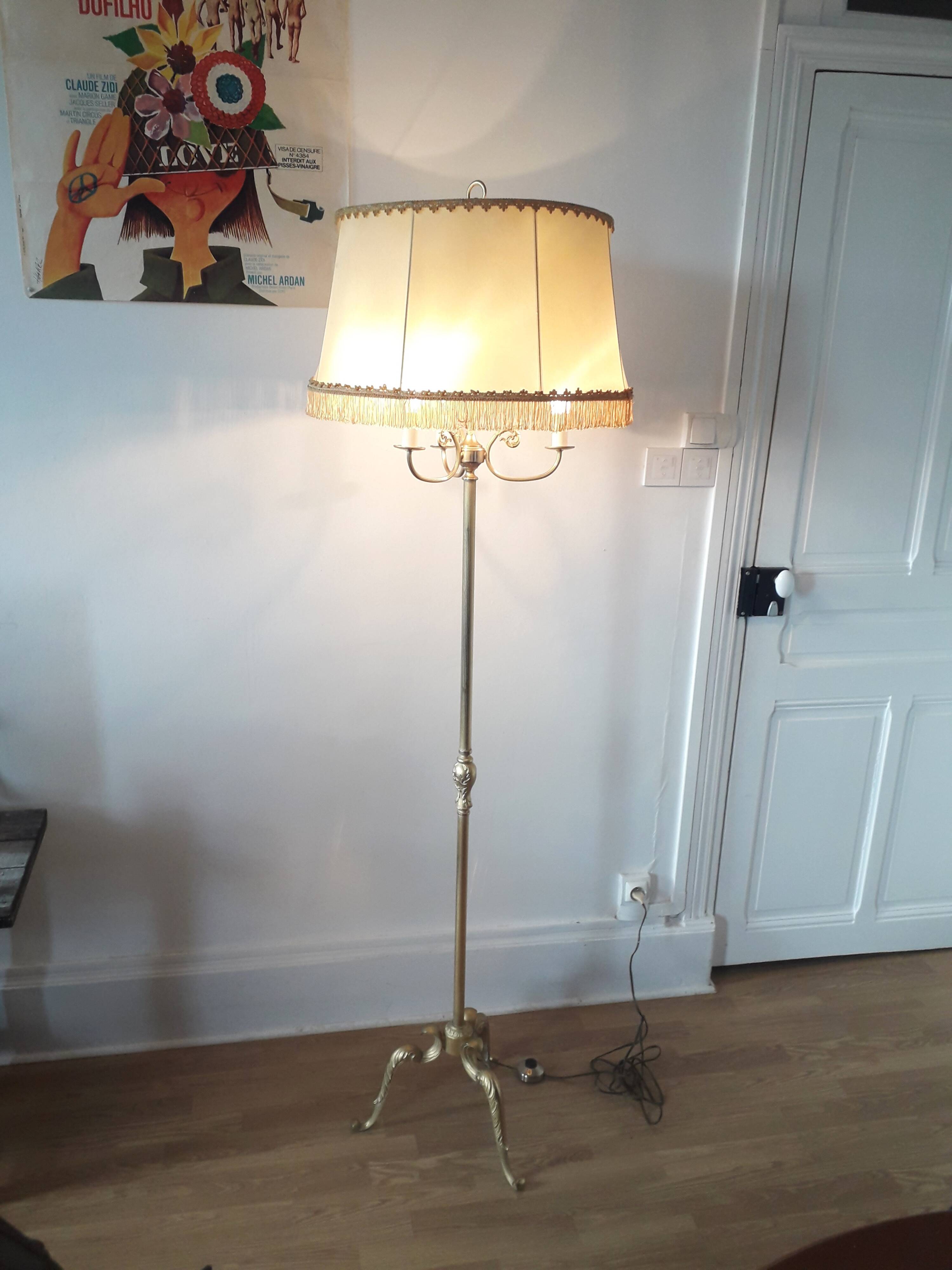 Brass tripod floor lamp - 3 lights Baroque style - 1960