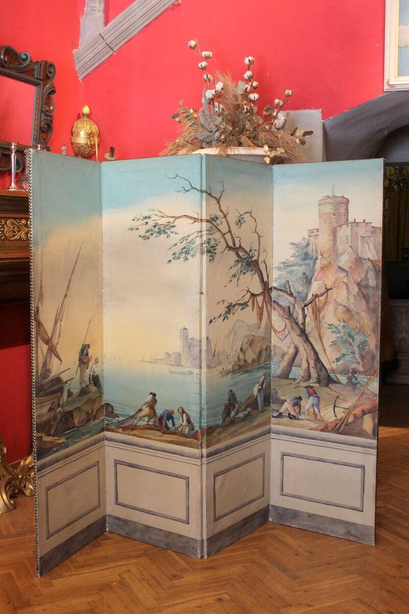 Early 20th Century French Tempera on Canvas Folding Screen with Seascape View