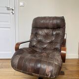 Fauteuil scandinave 1970 en bois laminé courbé et assise en cuir