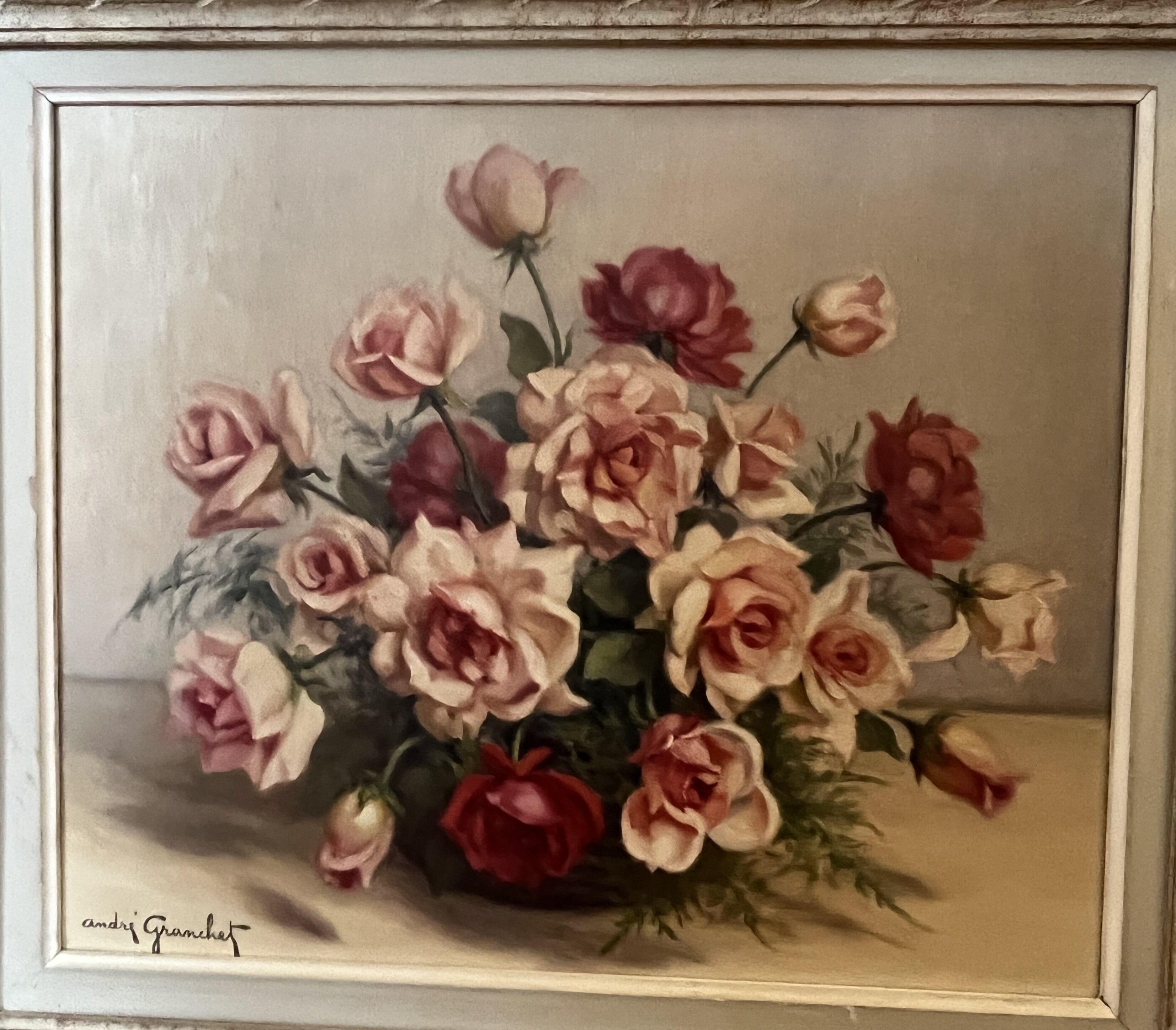 Huile sur toile - nature morte au bouquet de roses