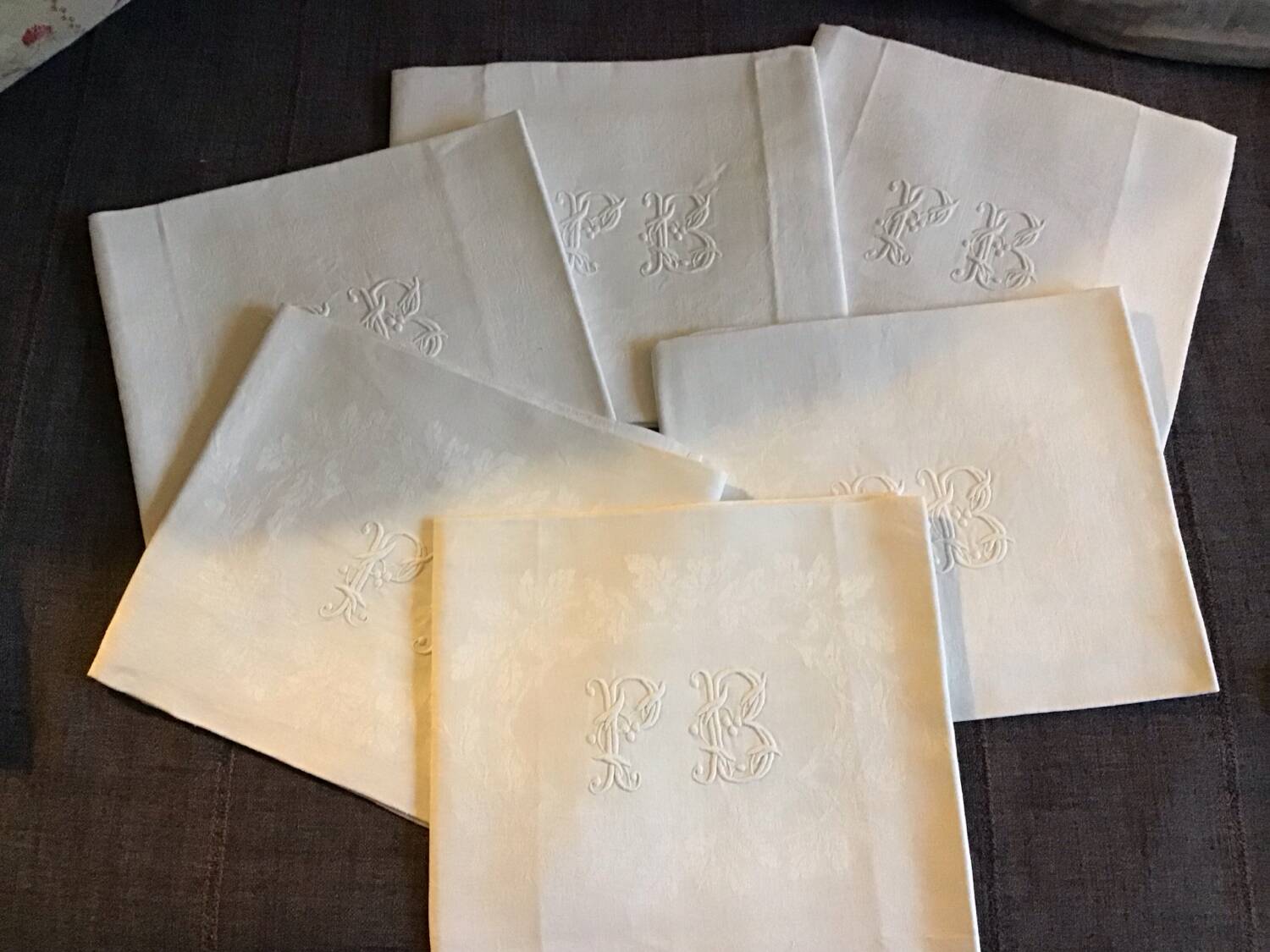 Set of 6 19th century hunting napkins marked “PB”