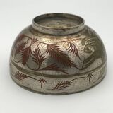 Antique ISLAMIC BOWL in tinned BRASS with engraved decoration and colored patterns