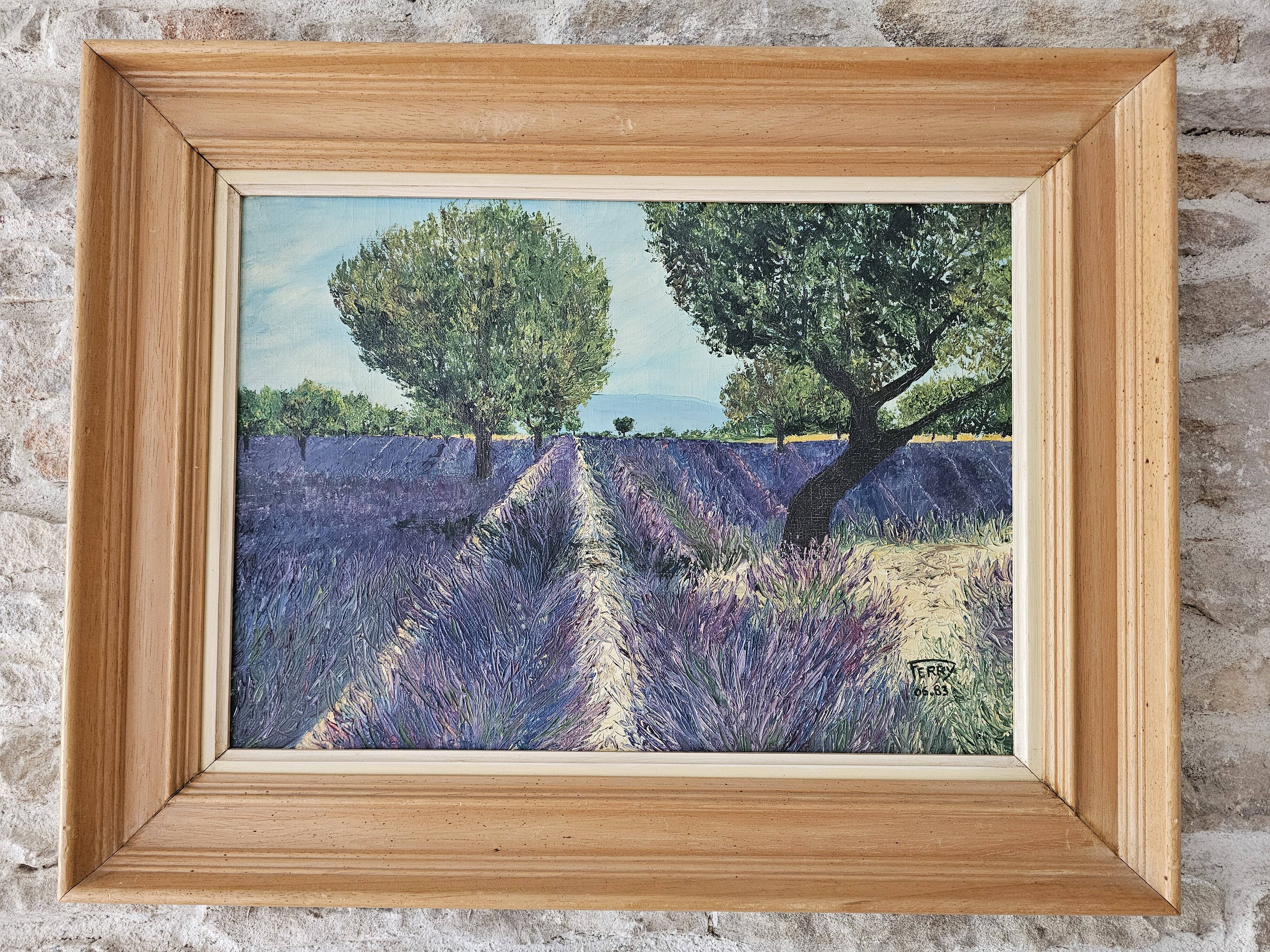 Oil on Canvas Landscape Almond Trees and Lavenders signed Jean Claude Fer
