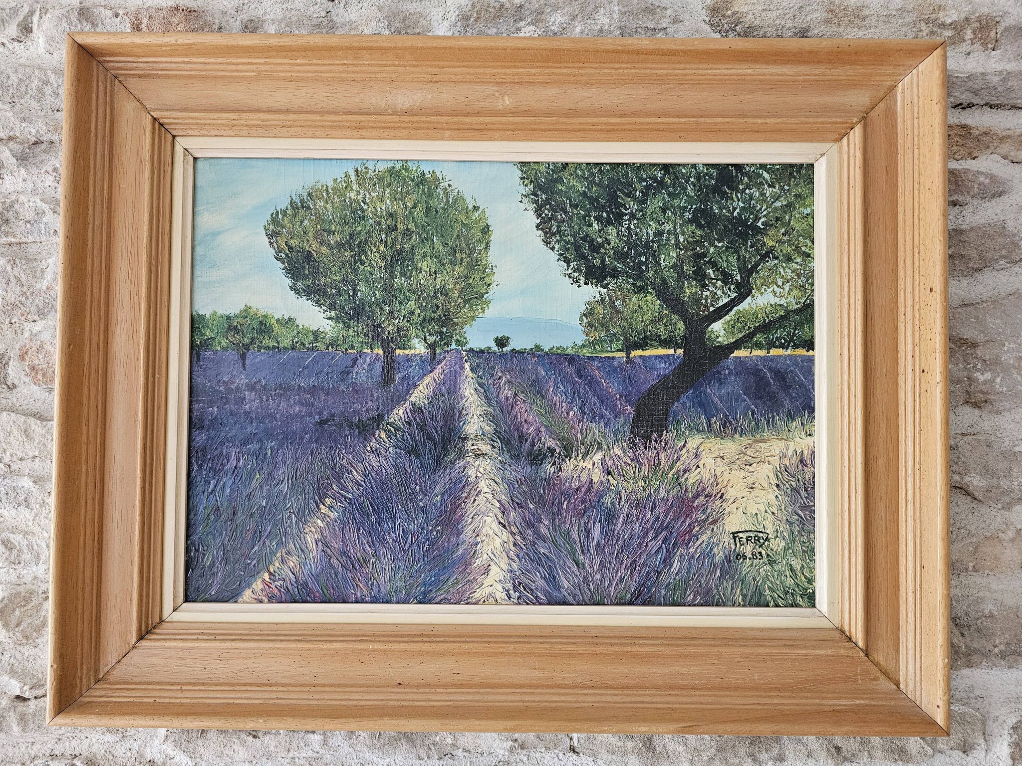 Oil on Canvas Landscape Almond Trees and Lavenders signed Jean Claude Fer