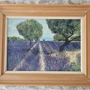 Oil on Canvas Landscape Almond Trees and Lavenders signed Jean Claude Fer