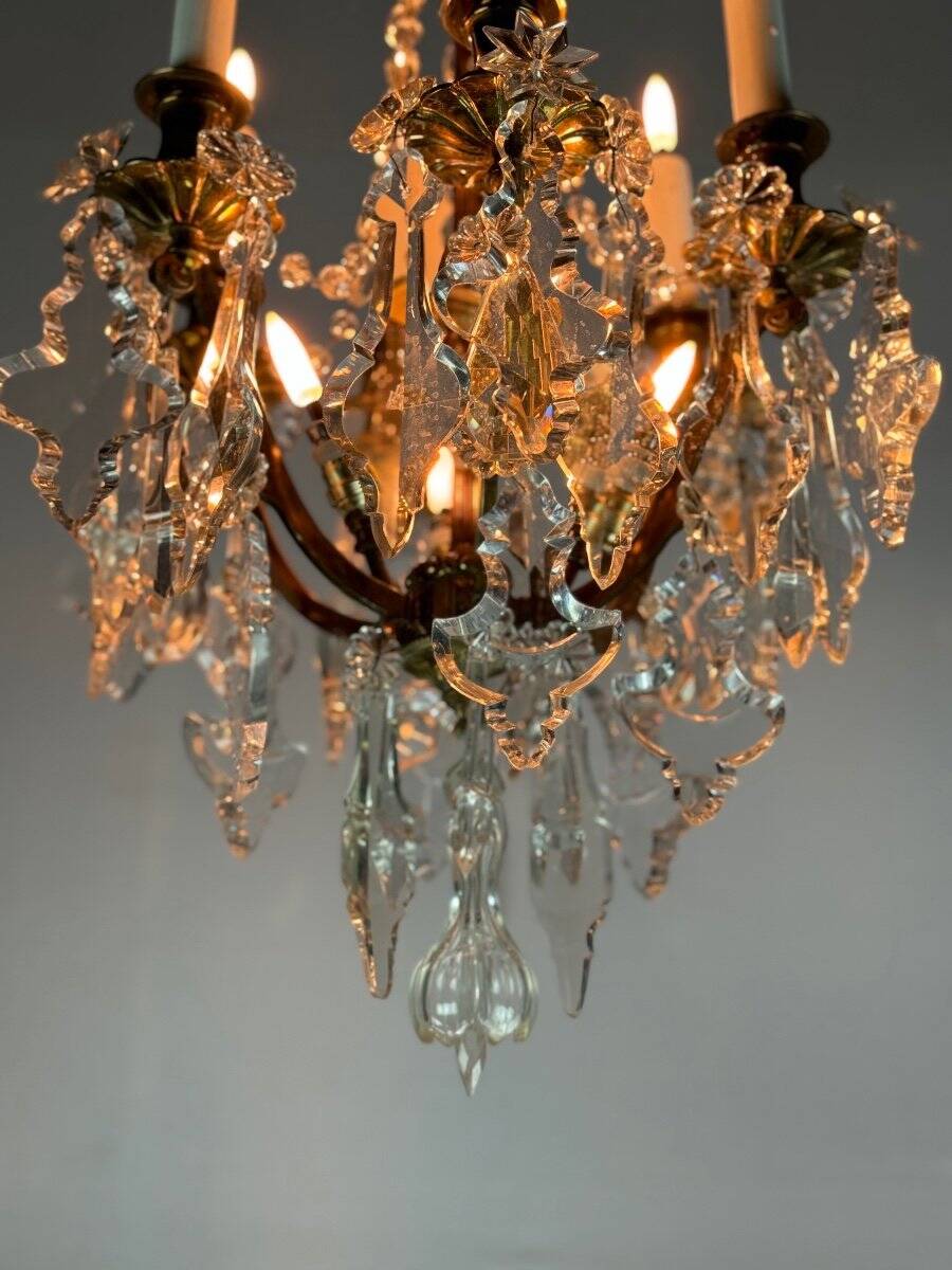 Gilt bronze cage chandelier decorated with cut crystal pendants circa 1900
