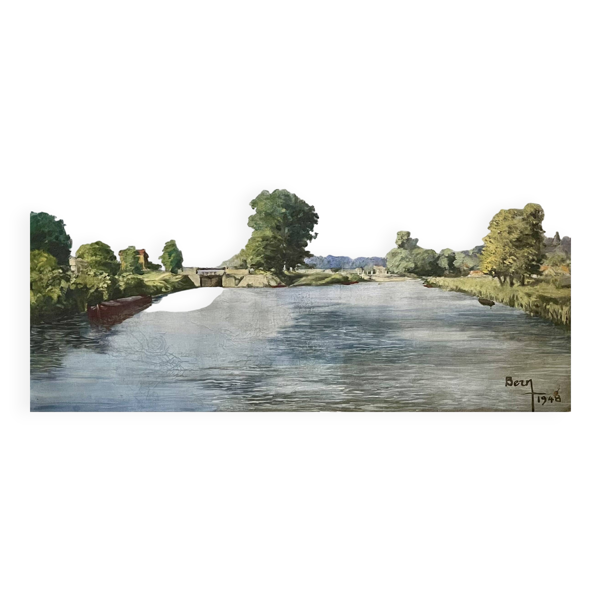 Painting of the lock and the beach of Neuilly Sur Marne signed by Bern 1948