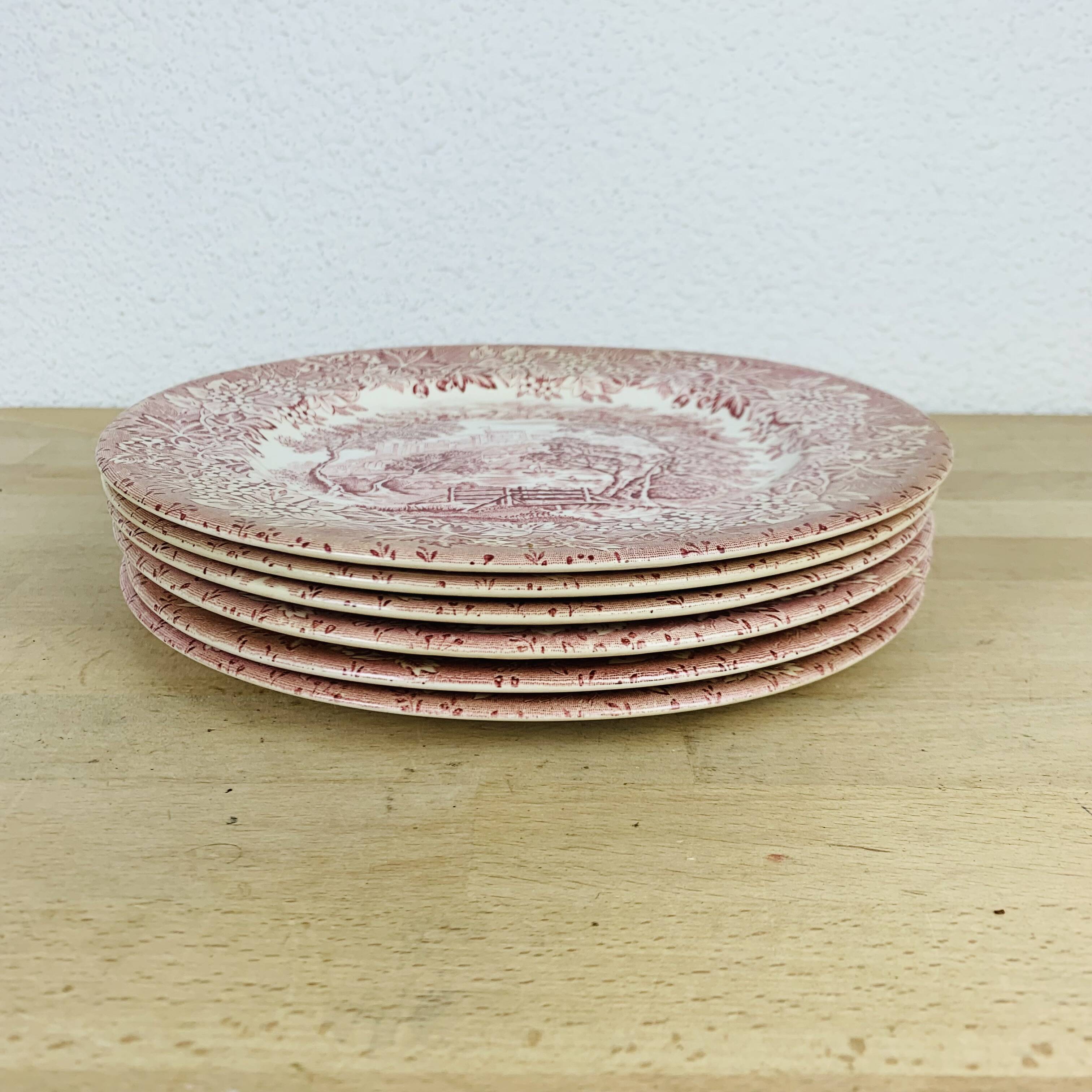 6 red ironstone English flat plates