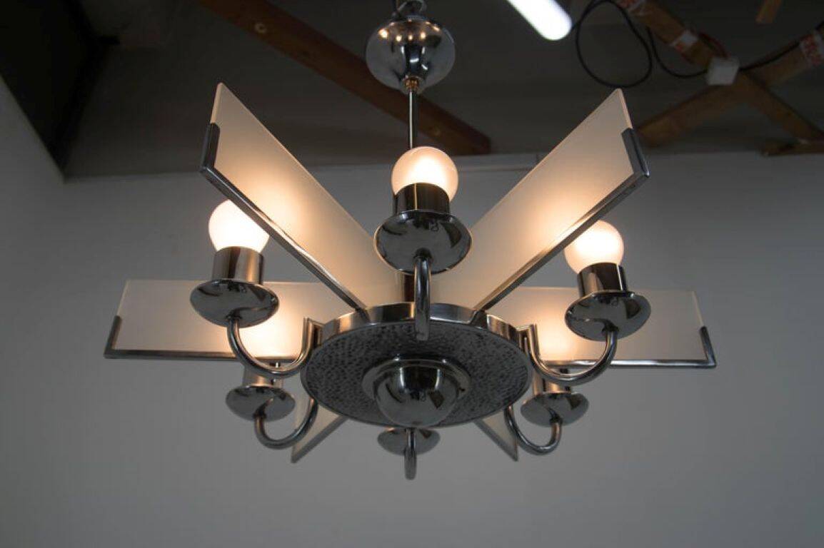 Six-Arm Art Deco Chandelier in Chrome and Sandblasted Glass, 1940s