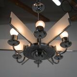 Six-Arm Art Deco Chandelier in Chrome and Sandblasted Glass, 1940s
