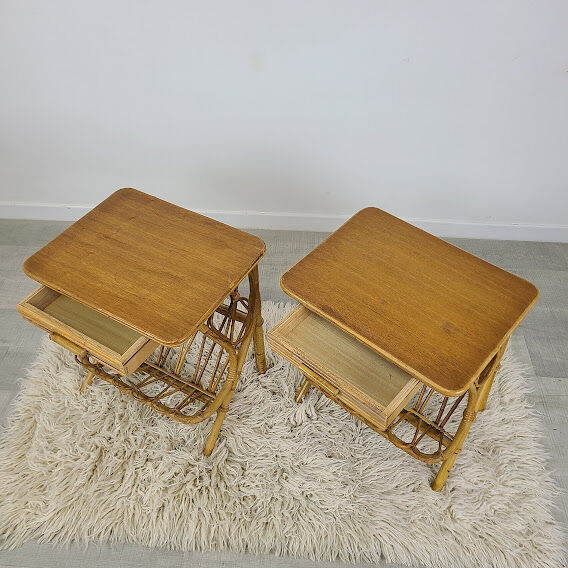 Pair of vintage rattan bedside table in 70s