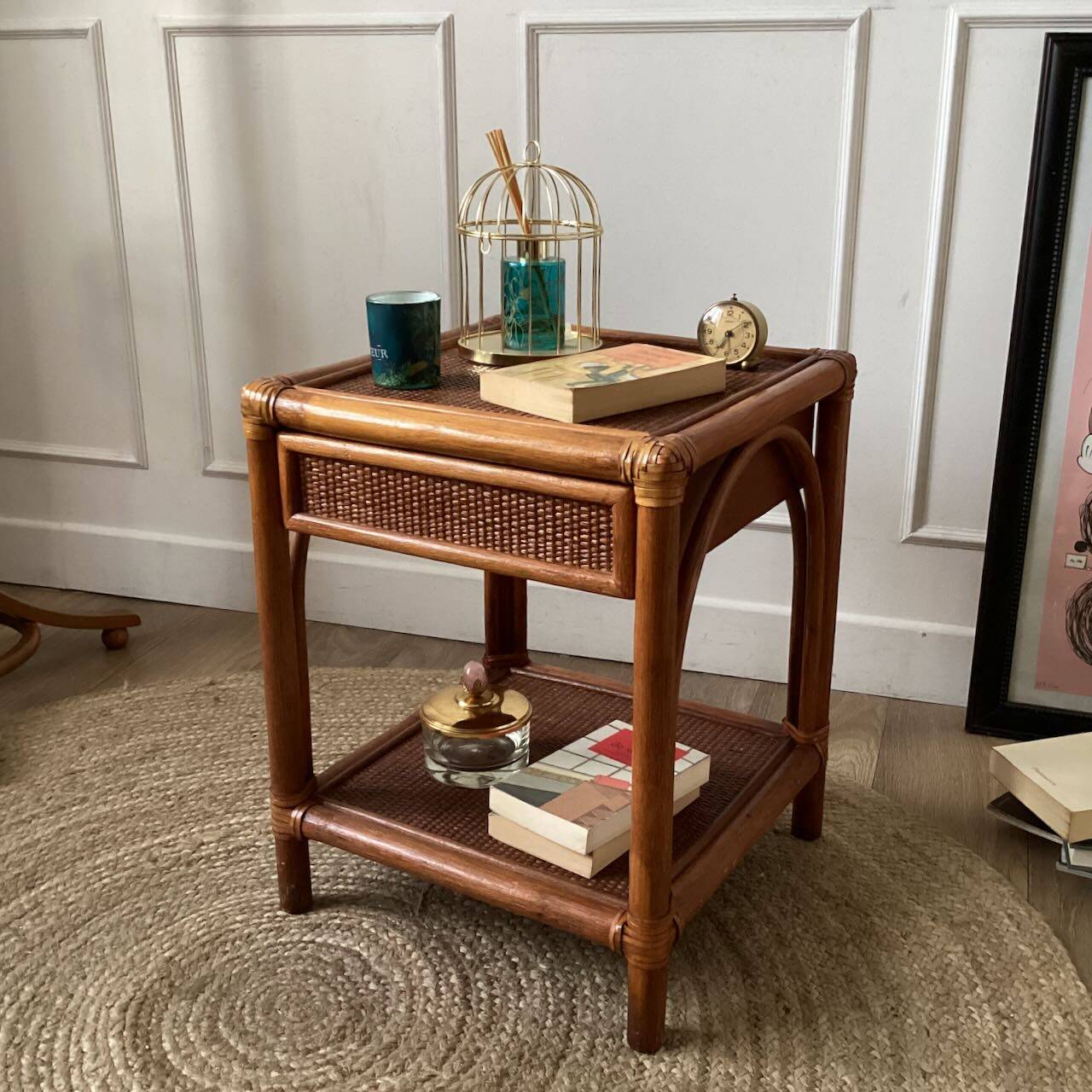 Vintage woven rattan and wicker bedside table