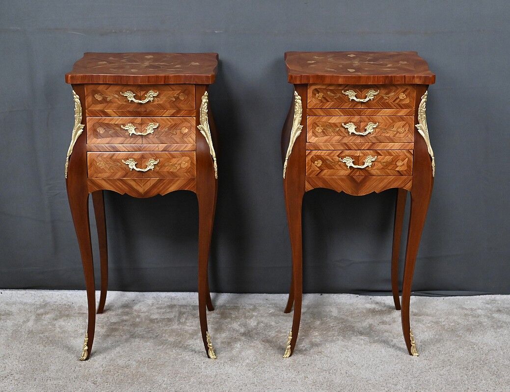 Pair of bedside tables in marquetry, Louis XV style – Mid 20th century