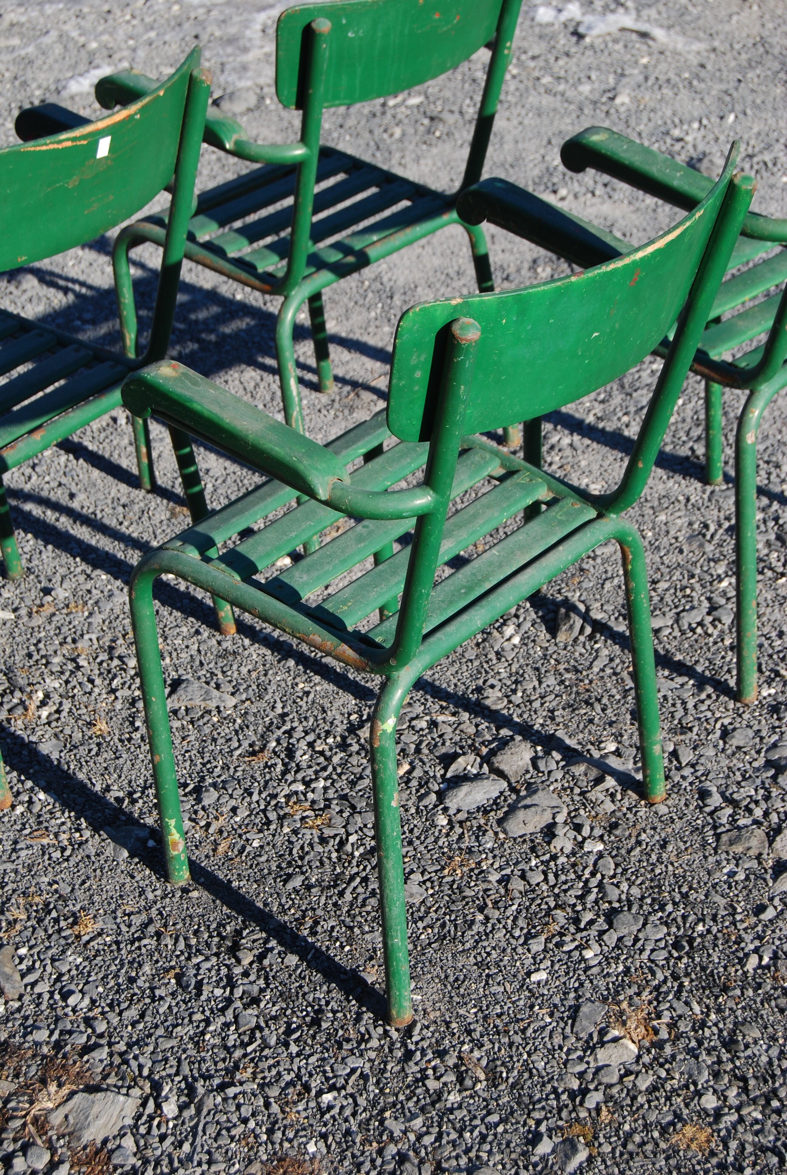 4 stackable garden armchairs wooden slats and metal tubes from the 50s