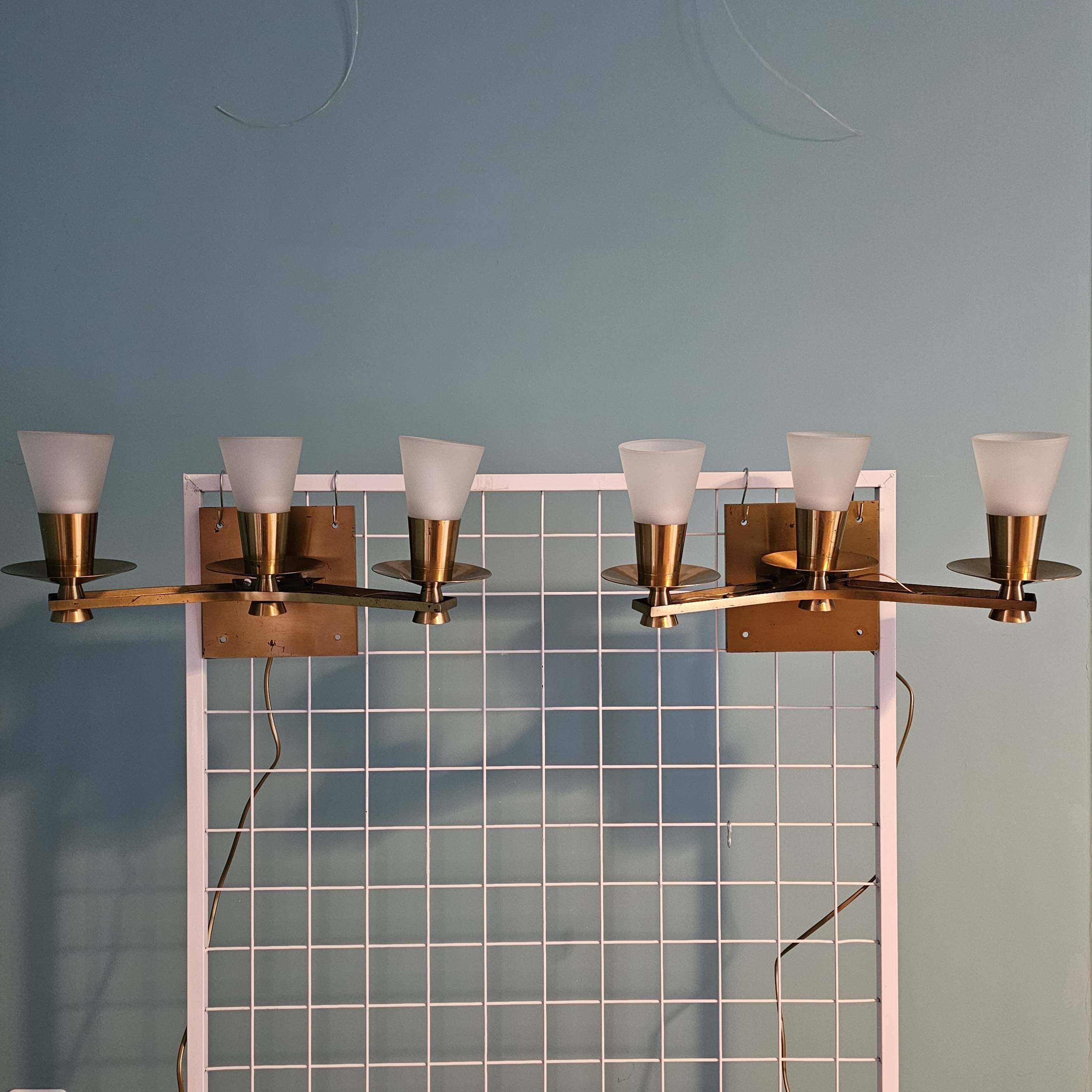 Maison cheret, pair of 3-light wall lights in ronze, brass and glass, circa 1950/1960