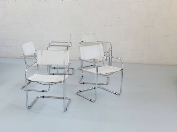 6 chaises Fasem Italia chrome et cuir blanc