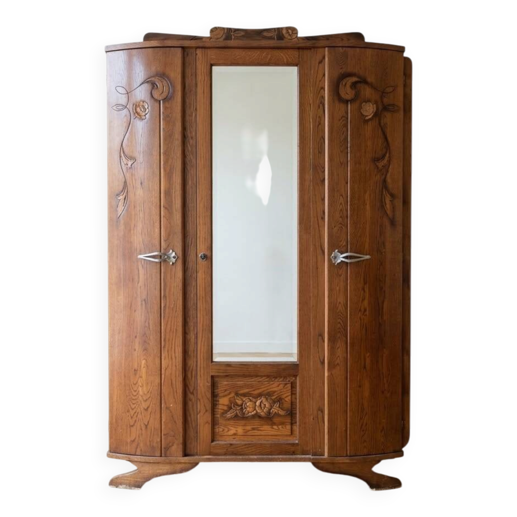 Antique Art Deco wardrobe in carved wood with mirror