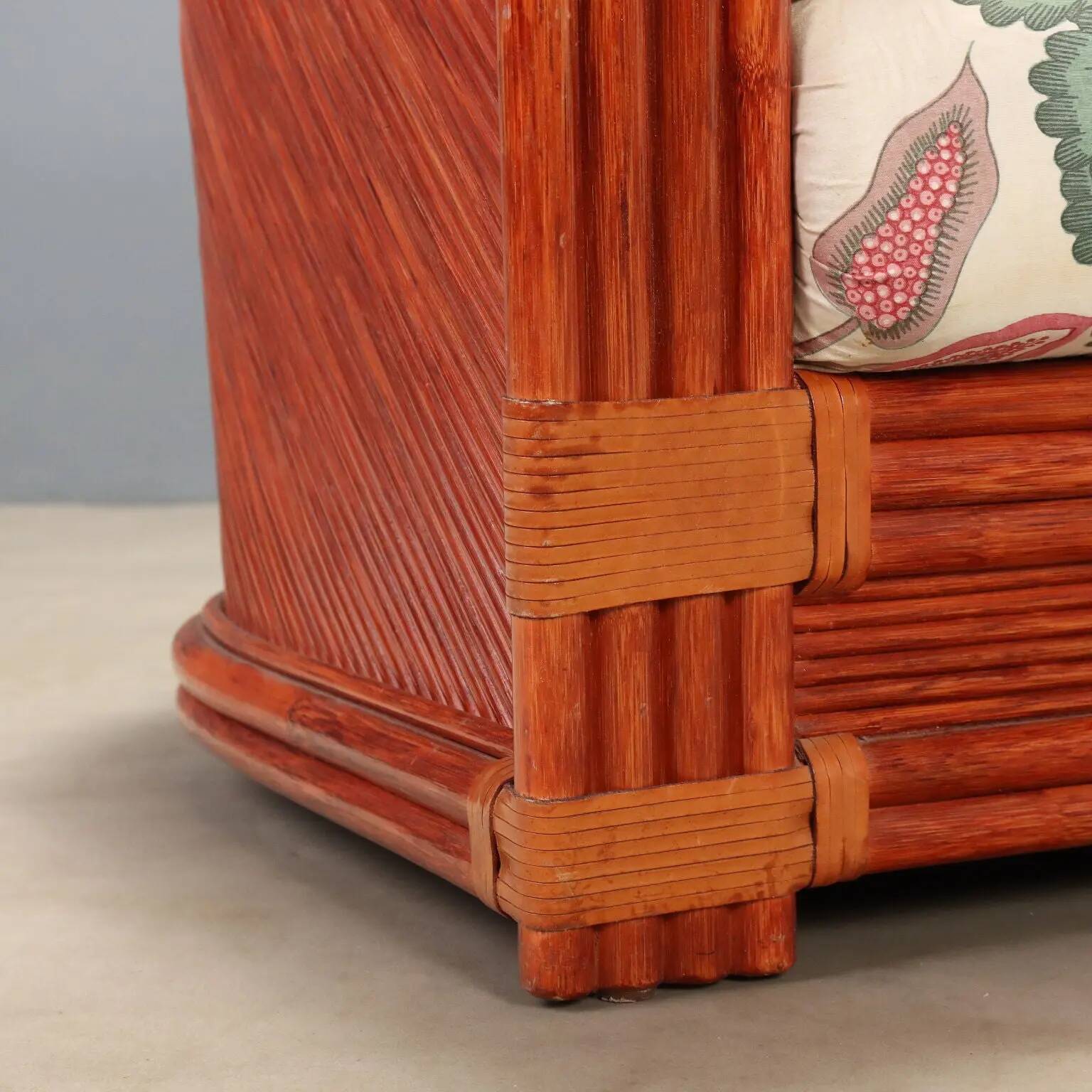Red lacquered rattan and bamboo sofa from the 1980s.