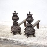 Vintage fireplace andirons, pair of cast iron Bacchus head andirons, fireplace accessories