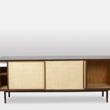 Sideboard in wenge, raffia and lacquered metal. 1970s.