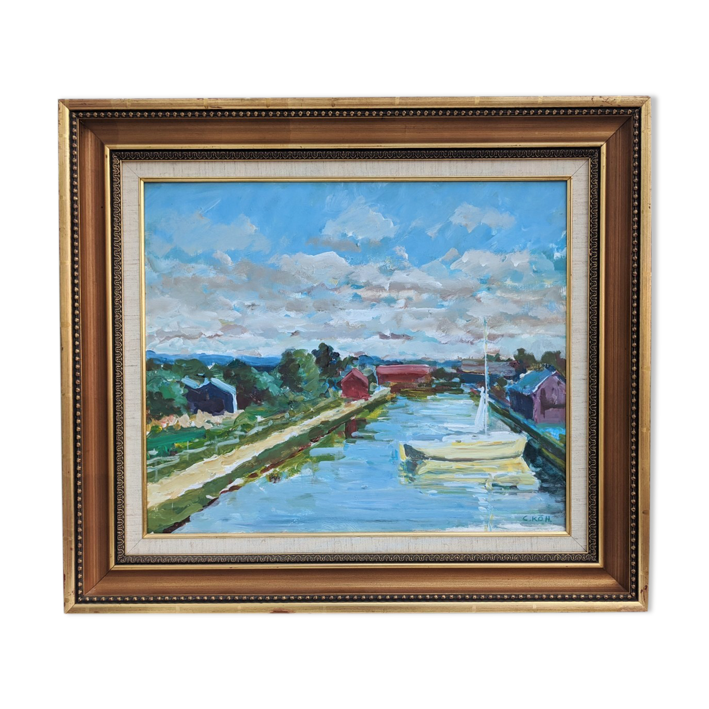 Vintage Mid Century Swedish Framed Oil  Painting - The Canal