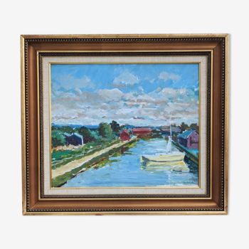 Vintage Mid Century Swedish Framed Oil  Painting - The Canal