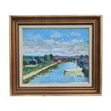 Vintage Mid Century Swedish Framed Oil  Painting - The Canal