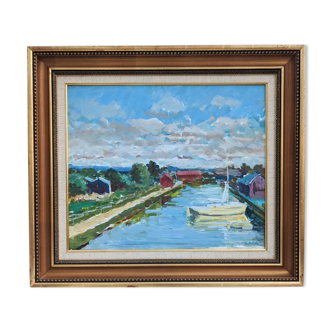 Vintage Mid Century Swedish Framed Oil  Painting - The Canal